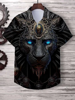 2024 Графический лев Мужские футболки Модные рубашки с 3D-принтом Уличная одежда с коротким рукавом Гавайская рубашка с принтом Лацканы рубашки для мужчин