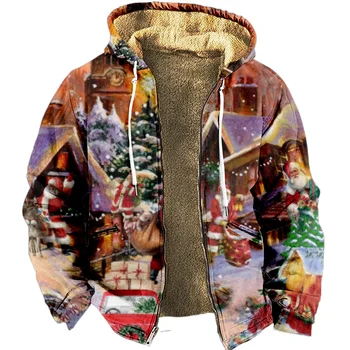 Толстовки на молнии для мужчин Рождественская тема Повседневная зимняя одежда Толстовка с длинным рукавом Повседневная куртка с капюшоном Верхняя одежда