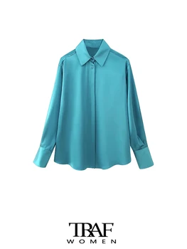 TRAF-атласные рубашки для женщин, с длинным рукавом, на пуговицы спереди, женские блузки, шикарные топы, мода