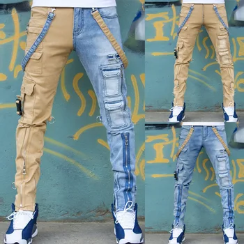 Джинсы в стиле пэчворк Мужчины Выстиранные узкие джинсы Мужские модные узкие прямые брюки Брюки-карго на молнии Брюки-карго для мальчиков Мода Уличные хип-хоп брюки