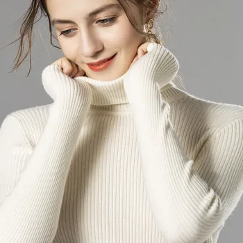 2023 Осенне-зимний шерстяной свитер Женская водолазка узкий базовый трикотажный джемпер Простые шикарные шерстяные свитера под женские XY046