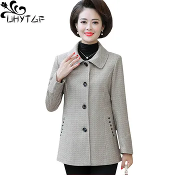 UHYTGF пальто женская мода в клетку весеннее шерстяное пальто Однобортная свободная куртка большого размера элегантная мама короткие топы верхняя одежда 972