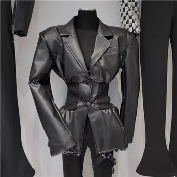 2023 Осень-зима Новые стильные вязаные тонкие кожаные куртки в стиле пэчворк для женщин Сексуальное кожаное пальто Y4389