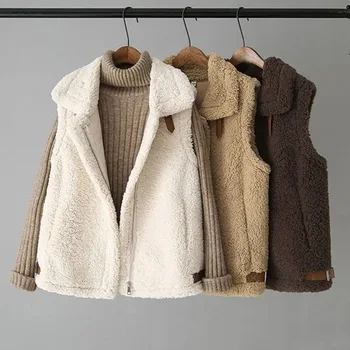 Женская жилетная куртка Осень-зима Жилет из овечьей шерсти Корейская мода Жилет без рукавов Однотонное толстое теплое пальто на молнии Chaleco Mujer