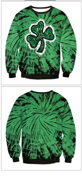2024 Ирландский фестиваль толстовки с капюшоном День Святого Патрика Зеленый пуловер Мода Тай-дай Цифровой принт Повседневная толстовка с круглым вырезом