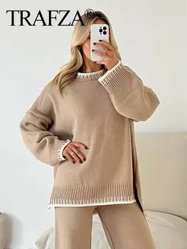 TRAFZA 2023 Осенние пуловеры для женщин Вязаный свободный свитер со спущенными плечами Женские универсальные уличные свитера