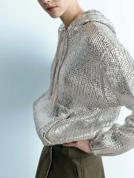 Женщины Шикарный металлический ребристый свитер с капюшоном из фольги Повседневный пуловер с длинным рукавом и кулиской Топ 2023 Autumn Lady Элегантная толстовка