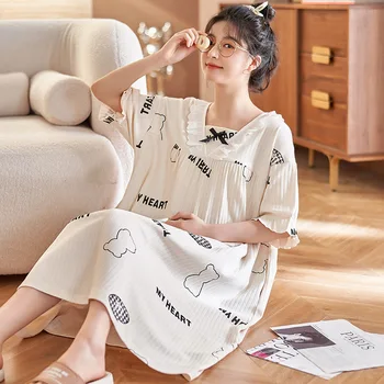 2023 Летняя женщина хлопковая ночная рубашка больших размеров Женская ночная рубашка с коротким рукавом Корейский сладкий повседневный пижамы Платье для сна Freeship Freeship