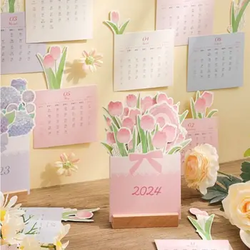 Модный цветочный узор 2024 Календари Дерево INS Миниатюрное художественное украшение Корейский мечтательный планировщик повестки дня Симпатичная стойка для отображения даты