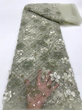 Африканские ткани Дубай Бисер Шитье Метры Вышивка Тюль 5 ярдов Сетка Пайетки Кружевное Свадебное Платье Для Женщин Зеленая Ткань