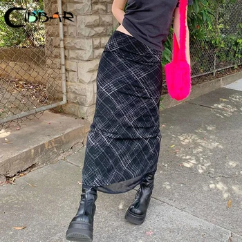 CIBBAR Винтажная полосатая клетчатая юбка с принтом Harajuku y2k Сетка Пэчворк Длинные юбки с низкой посадкой для женщин Повседневная одежда в стиле ретро 2000-х годов