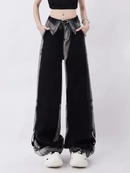 2024 Весна Осень Женщины Черный Серый Модные джинсы с высокой талией Y2K Harajuku Street Широкие джинсовые брюки Унисекс Шикарные повседневные брюки