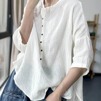 хлопок льняные рубашки женщины винтаж твердые свободные с половиной рукава нерегулярный подол повседневная корейская мода оверсайз блузка женские офисные топы