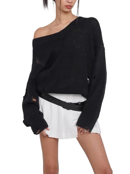 Женские осенние свитера оверсайз сексуальные топы с открытыми плечами трикотажная рубашка с длинным рукавом пуловер с V-образным вырезом укороченный свитер