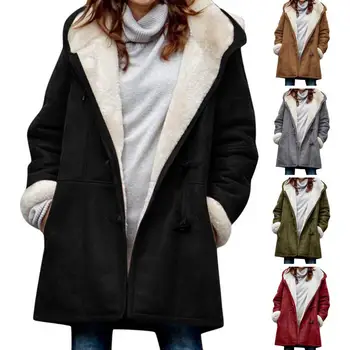 Модная женская пушистая куртка Моющаяся женская верхняя одежда Средняя длина Однобортная куртка с капюшоном Уличная одежда