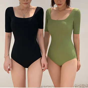 корейские женщины с квадратным воротником купальники с половиной рукава цельный мягкий купальник бикини купание пляжная одежда женская свежая зеленая монокини