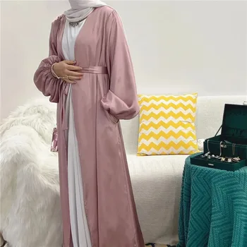  Турция Атлас Абайя Кимоно Турция Пышные рукава Открытые абайи для женщин Дубай 2023 Мусульманское платье хиджаб Скромная исламская одежда Кафтан