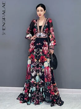 SHENGPALAE Платье с принтом для женщин Мода Шифоновая сетка Сращенный V-образный вырез с полным рукавом А-силуэт Vestido Robe Осень 2023 Новый 5R5457