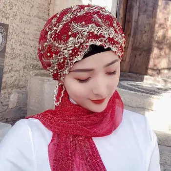 Блестящие Женщины Красота Цветочный Золотой Пайетки Платок Шарф Бисероплетение Арабская Исламская Свадебная Мода Хиджаб Шифон Вечеринка Головной Платок Головной Уборка