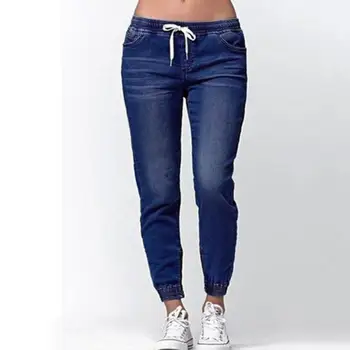 Длинные джинсы больших размеров на шнурке Свободные джинсовые эластичные брюки на талии Женские длинные брюки Повседневные джинсовые брюки Брюки