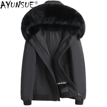 Куртка с воротником из меха настоящей лисы Мужское теплое пальто из норки Мужское короткое корейское пальто с капюшоном Мода Manteau Homme SQQ833