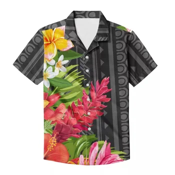 HYCOOL 2021 Летняя роскошная красная черная рубашка Мужчины Новая полинезийская племенная рубашка с коротким рукавом Черные Гавайи Цветочный Социальный Мужской Клуб Выпускной Рубашка