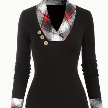 пуловер тонкий свитер женский 2023 осень новый универсальный обтягивающий плед сращенный V-образный вырез пуговицы с длинным рукавом геометрический топ уличная одежда