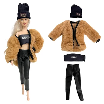 NK 1 комплект Модная кукла уличная одежда зимой: классная черная вязаная шапка + пальто + пальто + штаны для куклы Барби 1/6 Аксессуары