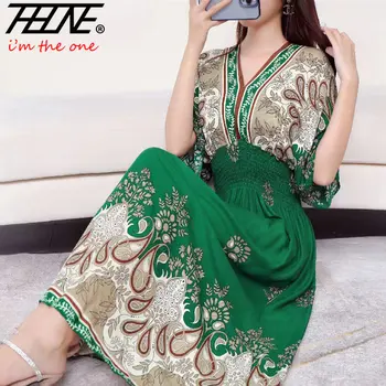 THHONE Boho Цветочное длинное макси-платье с V-образным вырезом для женщин 2023 лето с новым принтом Этнический корейский стиль Хлопок Пляж Отдых Vestidos Robe