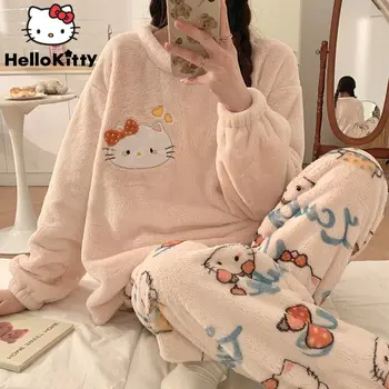 Sanrio Hello Kitty Плюшевый набор из 2 предметов Корейский стиль Пуловер Топы Брюки Женщины Фланелевый Пижамный Костюм Y2K Коралловый Бархат Милая Одежда
