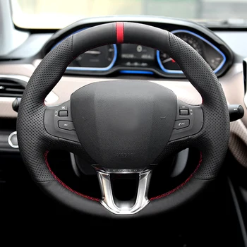 Для Peugeot 208 / 2008 2014 2015 2016 2017 2018 Ручная оплетка Чехол на рулевое колесо автомобиля Черный Перфорированная кожа красная линия красная полоса
