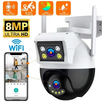 8MP 4K PTZ Wifi Камера Двойной объектив с двойным экраном Ai Human Detect Беспроводное наружное наблюдение P2P CCTV Camera iCSee App