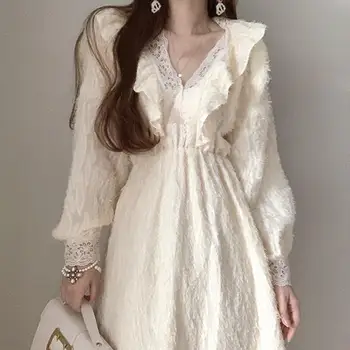 корейское шикарное ретро придворное платье женское платье с V-образным вырезом, контрастное кружево, трехмерное платье с завышенной талией, женские топы