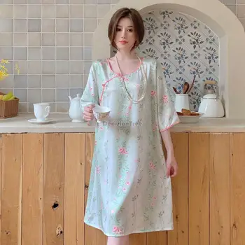 2023 Национальный стиль Новый китайский стиль Ice Silk Спальное платье с рукавами Весна-Лето Винтажная пижама Ханьфу Комплект домашнего костюма S322