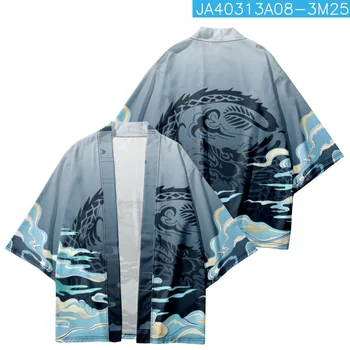 Негабаритный японский Хаори Оби Китайский мультфильм Дракон Принт Пляж Юката Кимоно Лето Женщины Мужчины Кардиган Рубашка Азиатская одежда