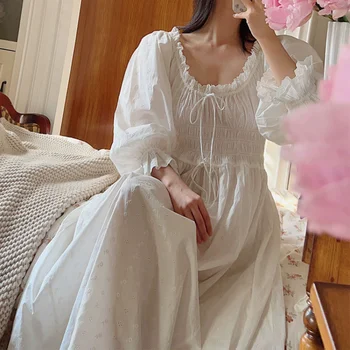 Pure Cotton Викторианское ночное платье Женщины Сладкая вышивка Длинный Peignoir Robe Принцесса Ночное белье Сексуальная пижама Винтажная ночная рубашка