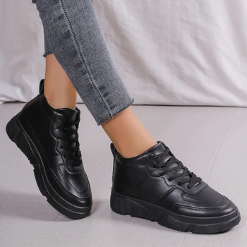 2023 Новая зимняя повседневная модная удобная удобная женская обувь с круглым носком с плоским дном и противоскользящим черным элегантным женским туфлями на шнуровке