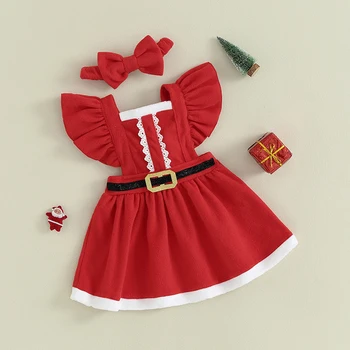  Toddler Girls Рождественское платье с оборками Рукав Ремень Переднее платье с повязкой на голову Baby Santa Outfit