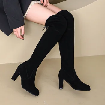 Женские высокие сапоги Выше колена Круглый носок Каблуки Массивные сапоги Большой размер 43 Тренд Элегантная обувь для стриптизерши Kawaii Модельер