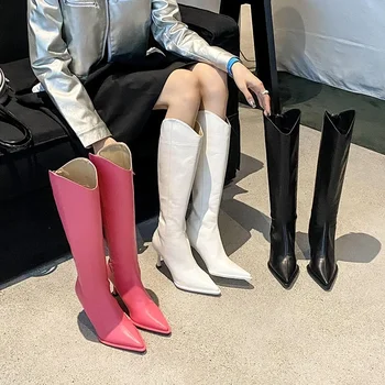 Зимние женские боты для вечеринок на высоком каблуке с острым носком - модные слипоны для элегантных дам