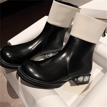 Crystal Churry Обувь на среднем каблуке для женщин с круглым носком Женские швейные линии Zapatos de Mujer Stitching Chassure Femme Leather Botas