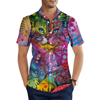 HX Гавайи Рубашки Забавные животные Кошка Красочный художественный узор 3D-печатный повседневные рубашки Летние топы Camisas Мужская одежда