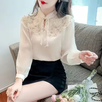 2023 китайский стиль винтажная блузка cheongsam женская элегантная винтажная верхняя кружева ol retro qipao блузка женский элегантный топ с длинным рукавом