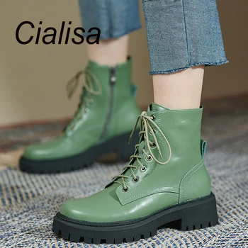 Cialisa Осень-зима Короткие сапоги для женщин 2023 Круглый носок Высококачественная обувь из натуральной кожи Зеленый Ботильоны на среднем каблуке 40 новых
