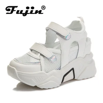 fujin 8 см натуральная кожа женская летняя обувь на платформе кроссовки на танкетке крючок для каблука вид воздушная сетка для женских белых кроссовок