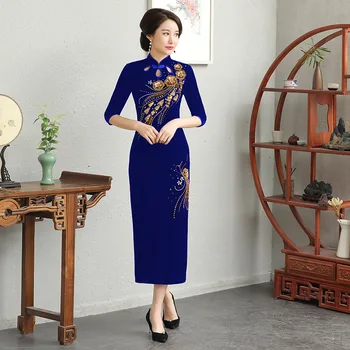 Китайское традиционное классическое платье женское длинное ципао черный бархат Cheongsam Оверсайз Изысканный бисер с пайетками Vestidos 5XL 6XL