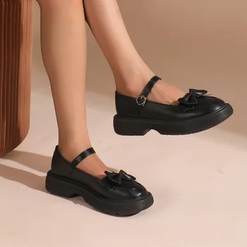 2023 Женская японская обувь Тренд Весна Осень Мэри Джейн Лакированные лоферы для женщин Черная пряжка Мода Бант Женская обувь