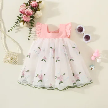 Детская летняя корейская версия юбки принцессы с цветочной вышивкой и сетчатым пэчворком для девочек платье без рукавов