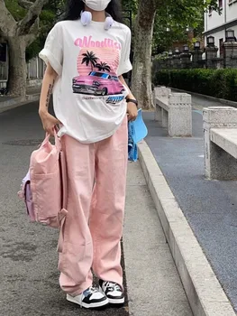 HOUZHOU Повседневные розовые широкие брюки Женские Корейский стиль Оверсайз Однотонные прямые брюки Эластичная талия Спортивные штаны Harajuku Streetwear