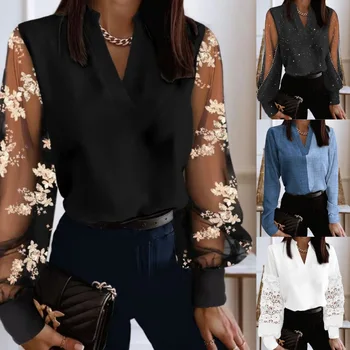 2023 Осень / Зима Новая Мода V-образным вырезом Кружева Рубашка с длинными рукавами Рубашка Женская одежда